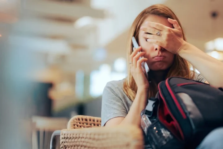 Žena s batohom si pri telefonáte zakrýva tvár rukou