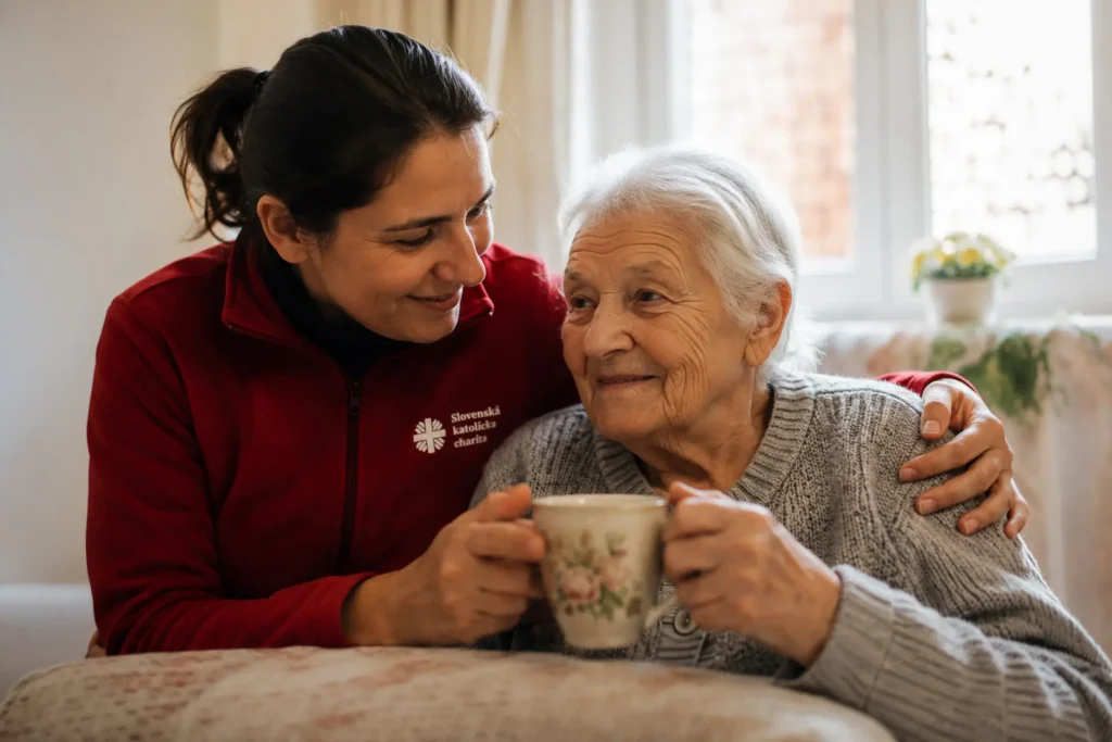 Pracovníčka charity objíma staršiu ženu, ktorá drží hrnček čaju
